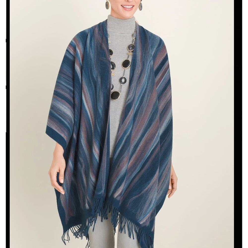CHICO'S MARBLED FRINGED BLANKET RUANA WRAP | Blue Stripe NEW!